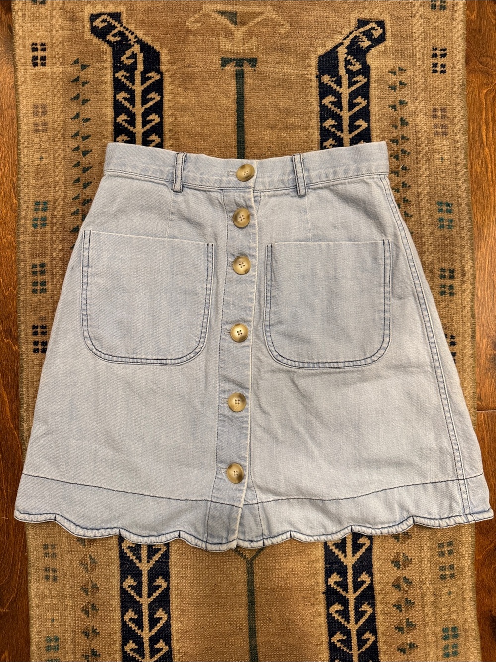 Light Blue Button-Front Denim Skirt with Patch Pockets